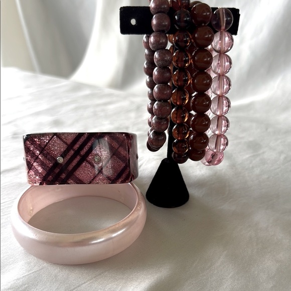Pink & Brown Glitter Plaid and Pink Pearl Bangles w/4 Stretch Bracelets (6pcs) - Picture 1 of 15